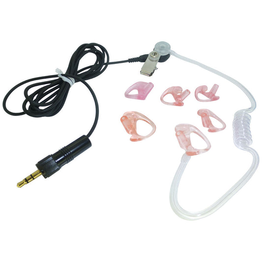 Set of six earbud inserts with acoustic tube earpiece with a black straight audio cable and threaded jack connector on a white background