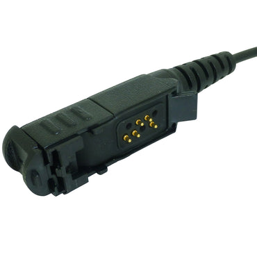 Black molded Motorola multipin radio connector (M12) right angled cable exit on a white background