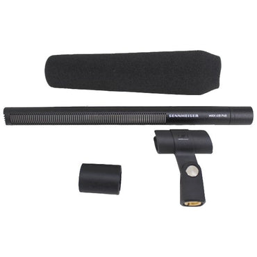 Sennheiser MKH 416-P48U3 Short Shotgun RF Condenser Microphone — Sennheiser black MKH416 microphone with foam cover clip and windscreen on a white background