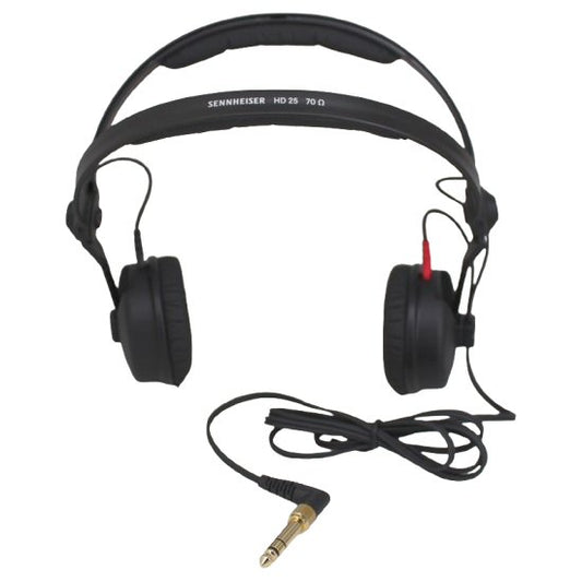 Sennheiser HD 25 Professional On-Ear Monitoring Headphones SKU 506909 — Sennheiser HD 25 headphones with split headband opened and straight cable on a white background