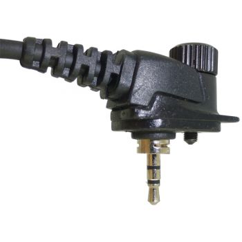 Black molded Molded single pin three pole with shroud radio connector (MT1) with securing screw and right angled cable exit on a white background