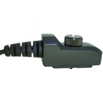 Black molded radio connector (NK1) with securing screw on a white background