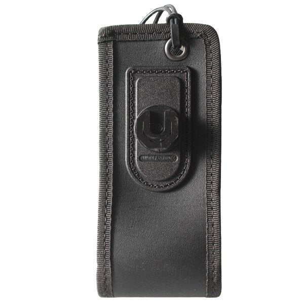 Motorola MTP3250 and MTP3550 Klick Fast case with docking stud SKU RMTP3250P1KF — Front view of a Klick Fast black leather tetra radio case showing stud and top fastener