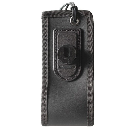 Motorola MTP3250 and MTP3550 Klick Fast case with docking stud SKU RMTP3250P1KF — Front view of a Klick Fast black leather tetra radio case showing stud and top fastener
