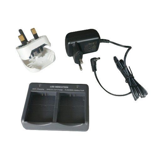 Eartec Battery charger set with dual charging station, power adapter, and plug on a white background