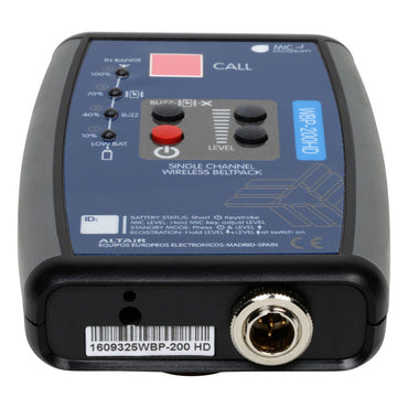 Wireless belt pack transmitter with control panel and showing mini 4 pin headset connector on a white background