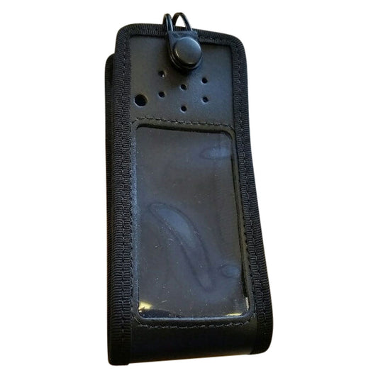 Klick Fast case for Motorola DP4800 radio SKU RDP4800P1POKF — Front view black leather case with clear vinyl front