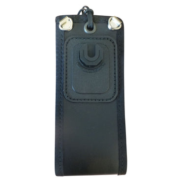 Klick Fast case for Motorola DP4800 radio SKU RDP4800P1POKF — Rear view black leather case with Motorola leather strap and Klick Fast stud fastened