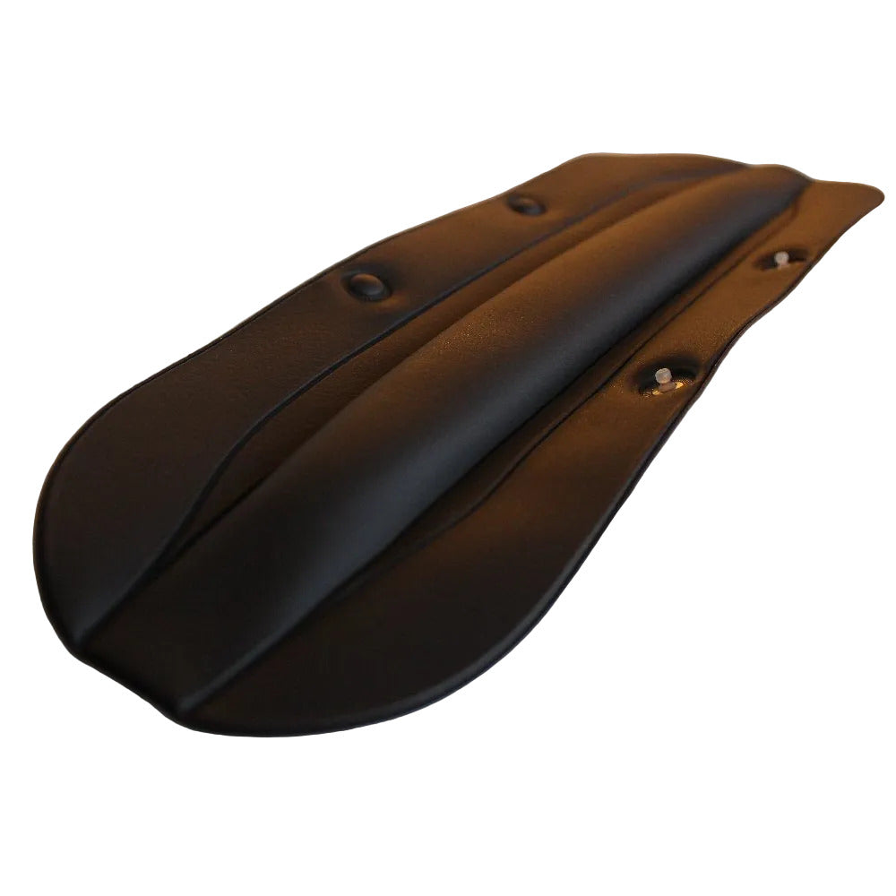 Angle view Black Beyer headphone cushion unfolded showing two set of poppers for fastening to DT100  headband on a white background