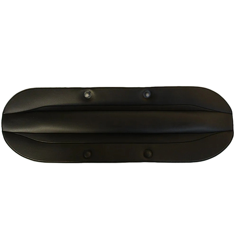 Black headphone cushion unfolded  showing two set of poppers for fastening to DT100  headband on a white background