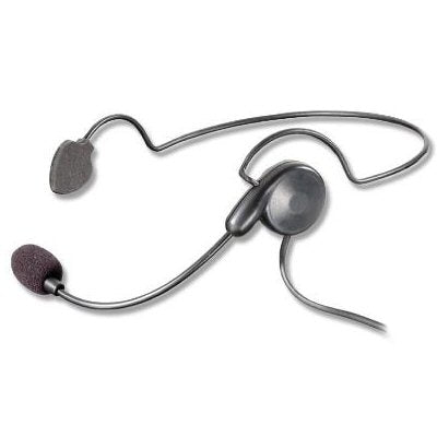 Eartec wired single sided headset with open ear headphone and behind the head round wire headband with temple rest on a white background