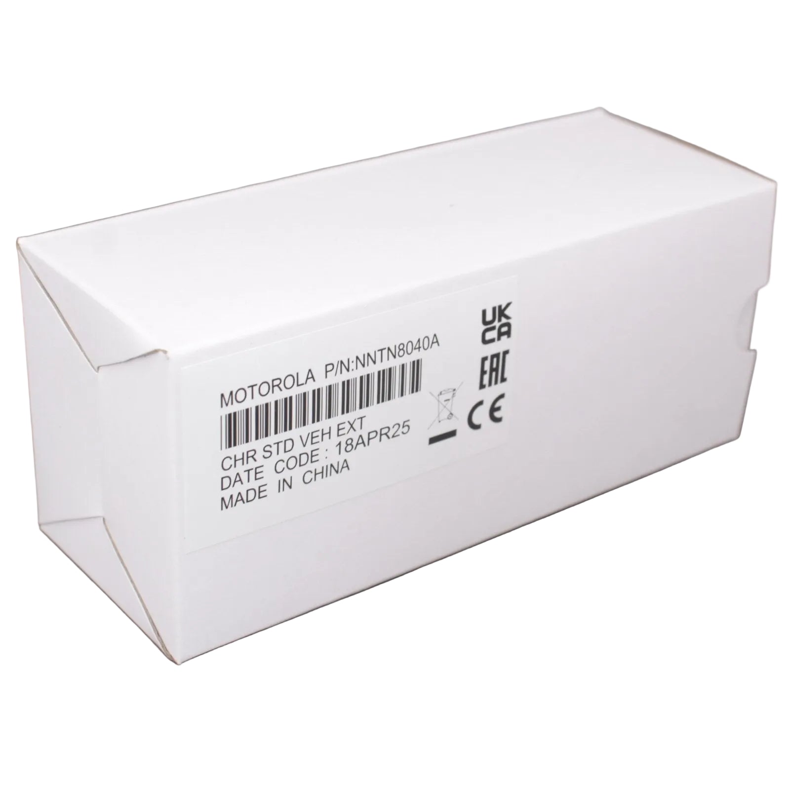 Motorola part number NNTN8040A-Vehicle Charger MTP6550 white cardboard box shown on a white background