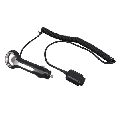 Motorola Vehicle Charger MTP6550 black coiled wires extended shown on a white background