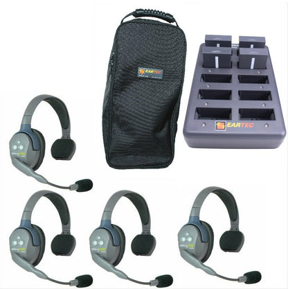 Set of four Eartec wireless headsets with a carrying case and charging station with batteries on a white background SKU UL4S