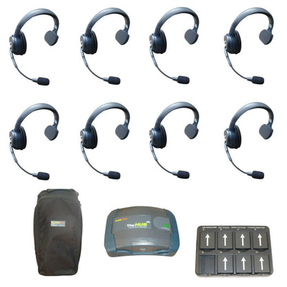 Eartec UltraLITE HD wireless comms 8 users special offer SKU HUBBS — Set of eight wireless UltraLITE headsets and communication hub with carry bag and charger