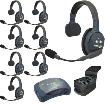 Set of eight UltraLITE single sided wireless headsets with receiver HUb  and carrying case on a white background HUB8S
