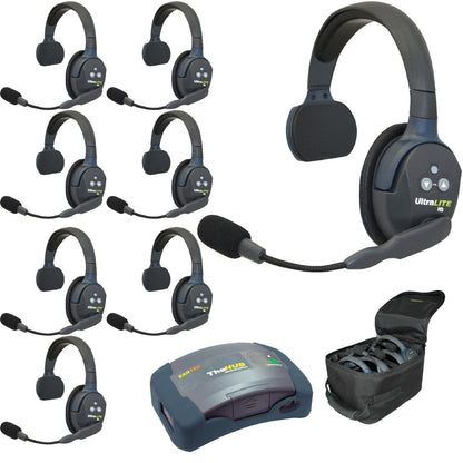 Set of eight UltraLITE single sided wireless headsets with receiver HUb  and carrying case on a white background HUB8S