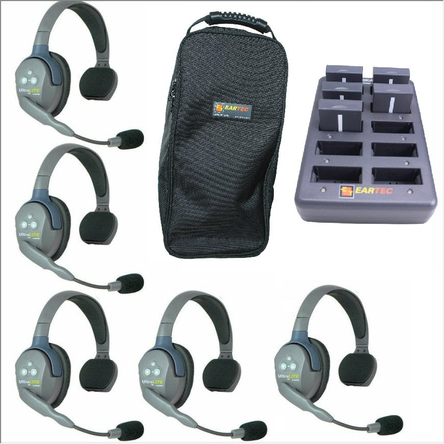 Eartec UltraLITE HD wireless headsets SKU UL5S —  set of five wireless single sided headsets with carrying case and charger with batteries