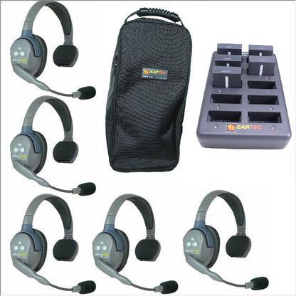 Eartec UltraLITE HD wireless headsets SKU UL5S —  set of five wireless single sided headsets with carrying case and charger with batteries