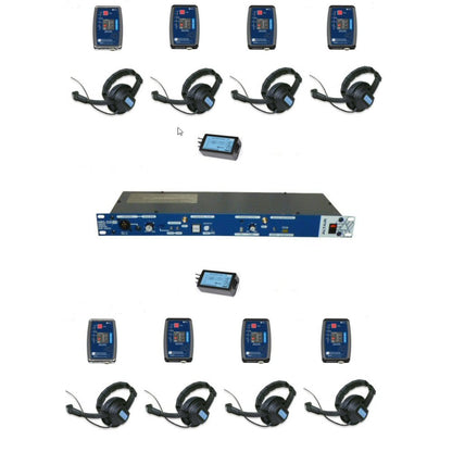 Set of Altair  wireless communication equipment including headsets and a central unit on a white background 