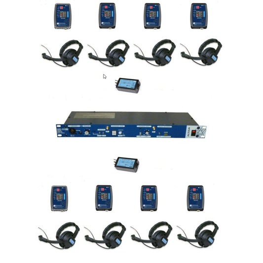 Set of Altair  wireless communication equipment including headsets and a central unit on a white background 