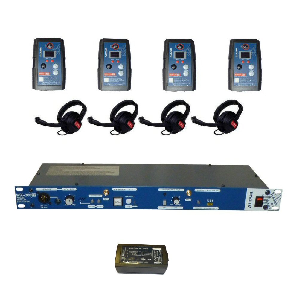 Set of wireless headsets with receivers and a transmitter on a white background