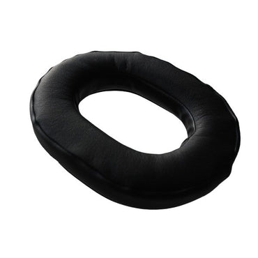 Black donut-shaped ear cushion on a white background