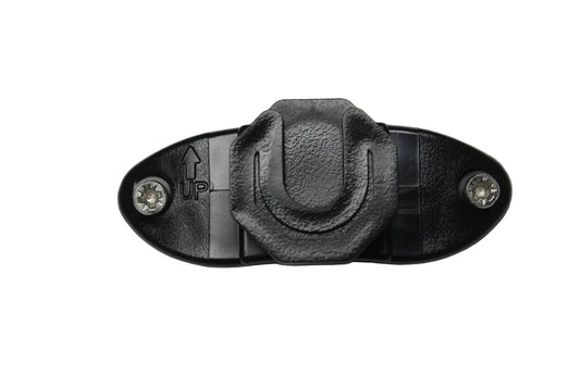 Black klick fast stud with two screws on a white background