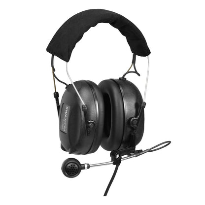 Black dual cup ear defender communication headset with dynamic boom microphone on a white background