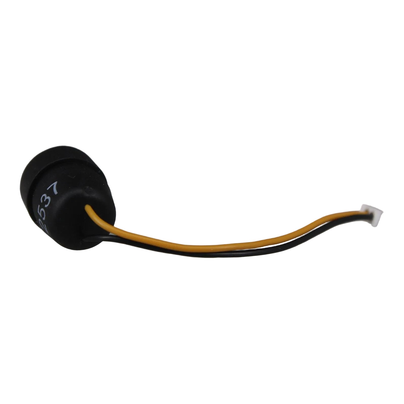 Peltor 2 pin mic socket SKU J22C-02 —  with black and yellow jumper cables terminated in a white Molex plug - rear view