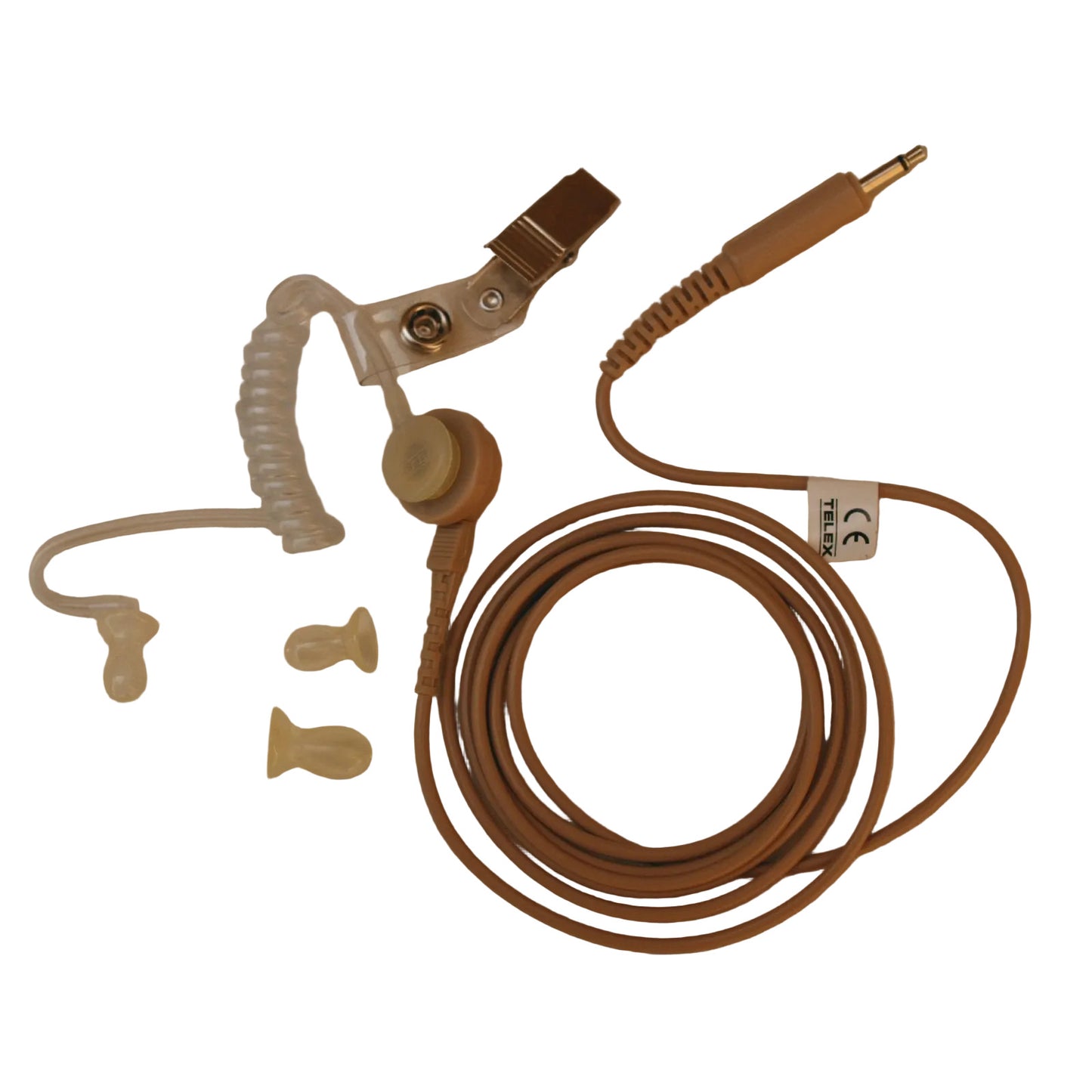 Telex beige announcer set CES-2 complete with 3.5mm jack SKU F01U118419 — Telex TV presenter earpiece kit with acoustic tube earpiece, collar clip and straight grey 3.5mm jack lead