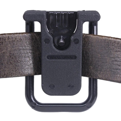 Klick Fast black molded belt clip dock on a leather belt SKU DOCK11