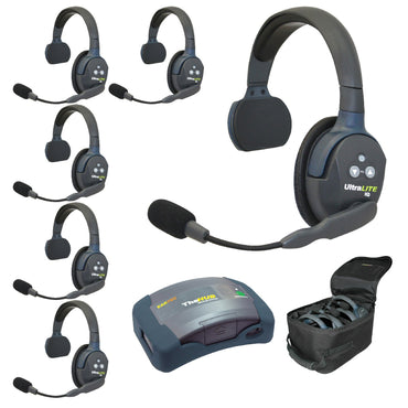 Set of Eartec 6 user communication headsets with a HUB receiver and carrying case on a white background
