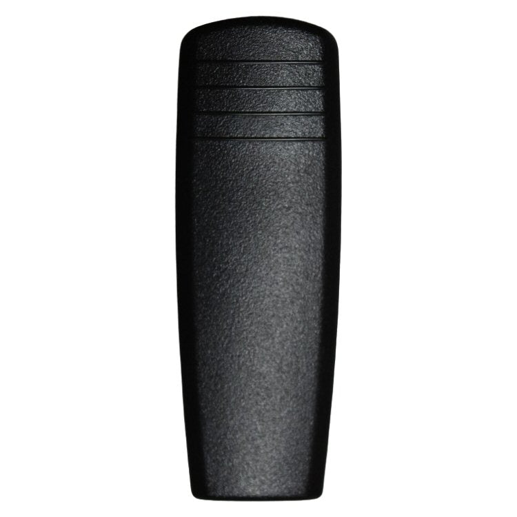 Rear view black molded slide on belt clip for a Sepura SC20 radio shown on a white background