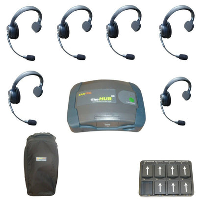 Eartec UltraLITE HD theatre intercom wireless hub comms 6 users SKU HUB6S — Eartec set of 6 wireless UltraLITE headsets and communication hub with carry bag and charger