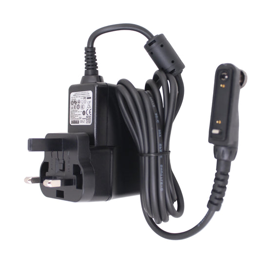 Sepura SC2 personal rapid charger PRC for SC20 SC21 SC23 TETRA radio UK SKU 300-01462-UK — Black Sepura personal charger with radio connector for SC2 series and UK power plate