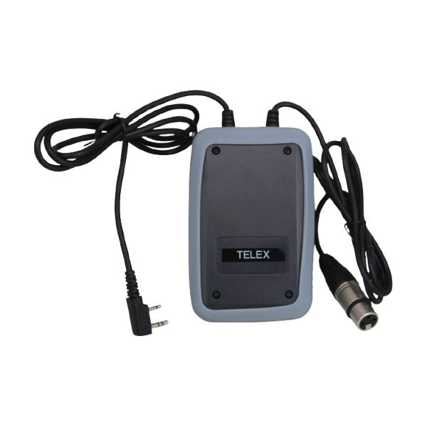 Eartec wireless intercom interface with Telex label and two flying cables on a white background