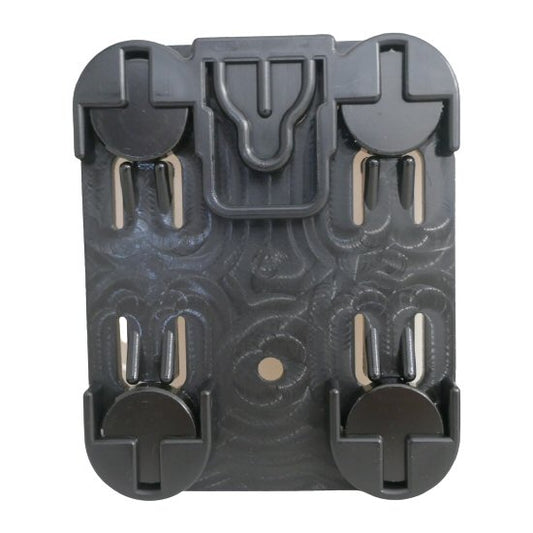 Black plastic klick fast bracket with central top socket showing 4 round magnet on a white background