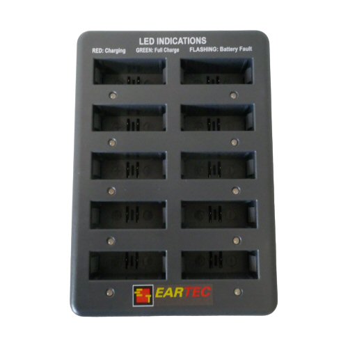 Eartec UltraLITE battery charger 10 slot SKU CHLX10E — Plan view of grey moulded Eartec empty battery charger with 10 battery slots