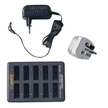 Eartec UltraLITE battery charger 10 slot SKU CHLX10E — Eartec empty battery charger with 10 battery slots UK plug and a power supply adapter all on a white background