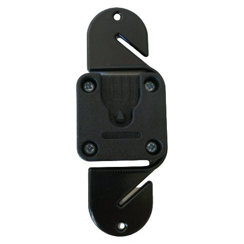 Black plastic klick fast holder bracket with curved slotted plates top and bottom on a white background