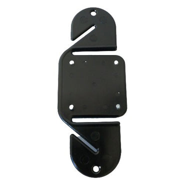 Rear view Black plastic klick fast holder bracket with curved slotted plates top and bottom on a white background