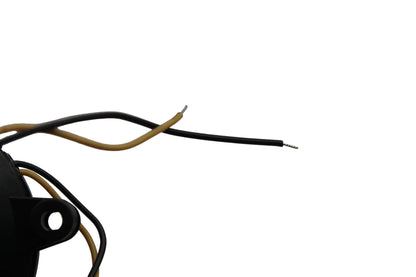 Corner edge of loudspeaker showing Black and yellow cables for connection of Peltor HTS-230 on a white background