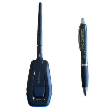 Front view of SENA MP-02 wireless MESH intercom beltpack beside a pen for size persepective on a white background