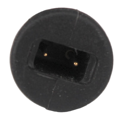 Close-up of a black connector on a white background with two central copper pins