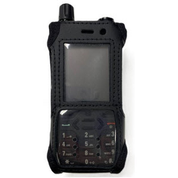 Klick Fast case for Motorola MXP600 SKU RMXP600P1KF — Front view of a MXP600 radio in a Klick Fast black leather tetra radio case with clear vinyl panels and cut-outs