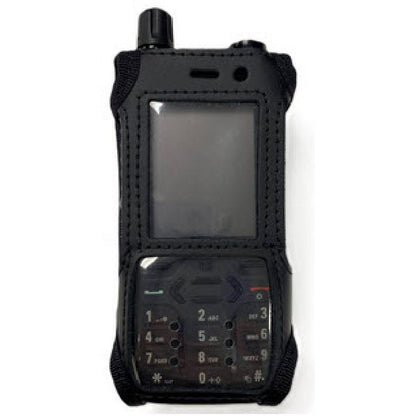 Klick Fast case for Motorola MXP600 SKU RMXP600P1KF — Front view of a MXP600 radio in a Klick Fast black leather tetra radio case with clear vinyl panels and cut-outs