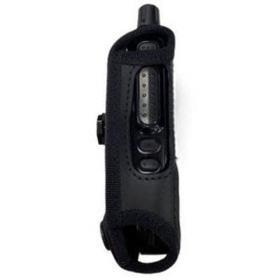 Klick Fast case for Motorola MXP600 SKU RMXP600P1KF — Side PTT button view of fast black leather tetra radio case