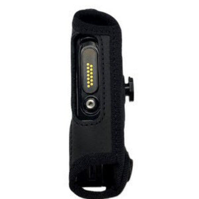Klick Fast case for Motorola MXP600 SKU RMXP600P1KF — Side view of a MXP600 audio accessory connection in a Klick Fast black leather tetra radio case