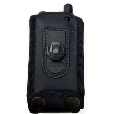 Klick Fast case for Motorola MXP600 SKU RMXP600P1KF — Front view of a Klick Fast black leather tetra radio case with clear PVC panels and cut-outs